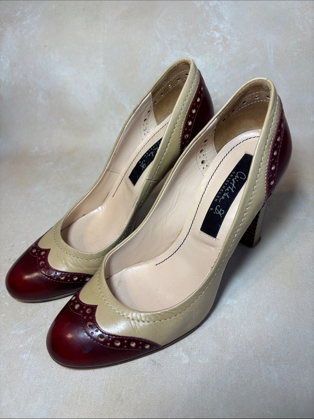 Vintage inspired spectator pumps, oxblood and tan Italian leather, retro